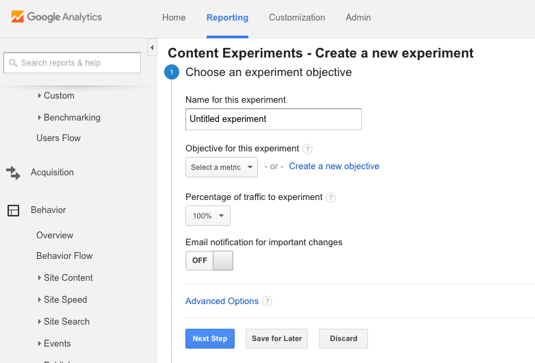 Google Analytics Content Experiments