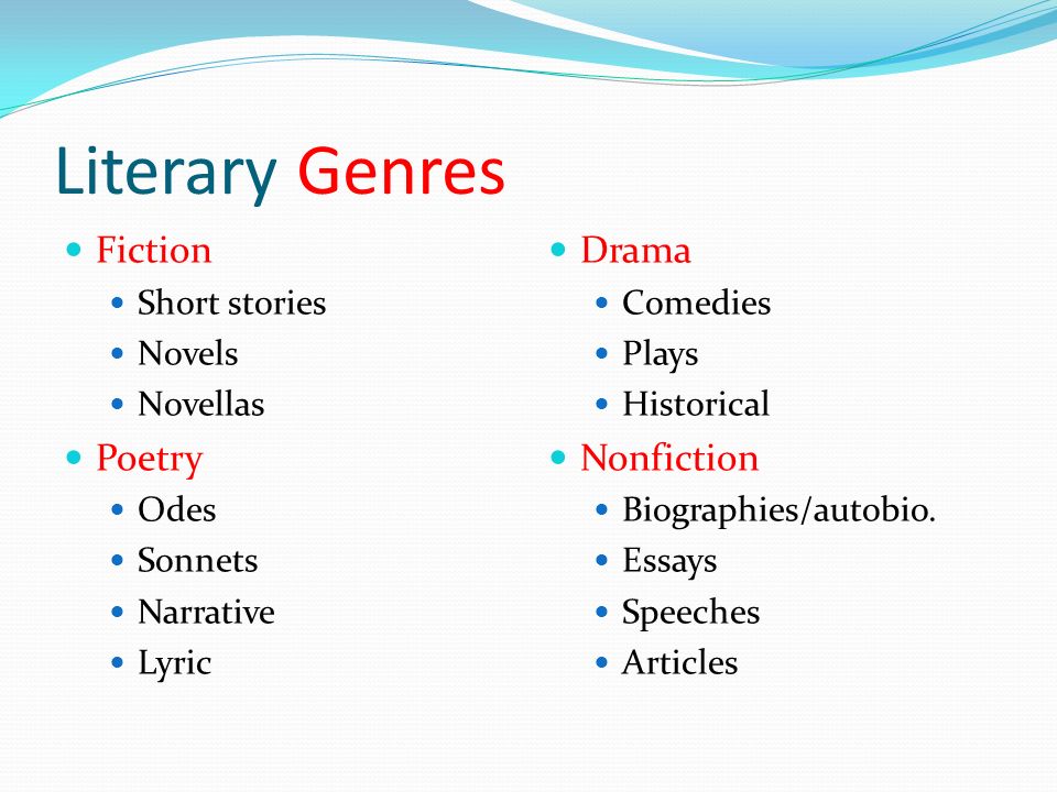 examples of literary genres Novellas. Poetry. Odes. Sonnets. Narrative. Lyric. Drama. Comedies. Plays. Historical. Nonfiction. Biographies/autobio. Essays. Speeches. Articles.