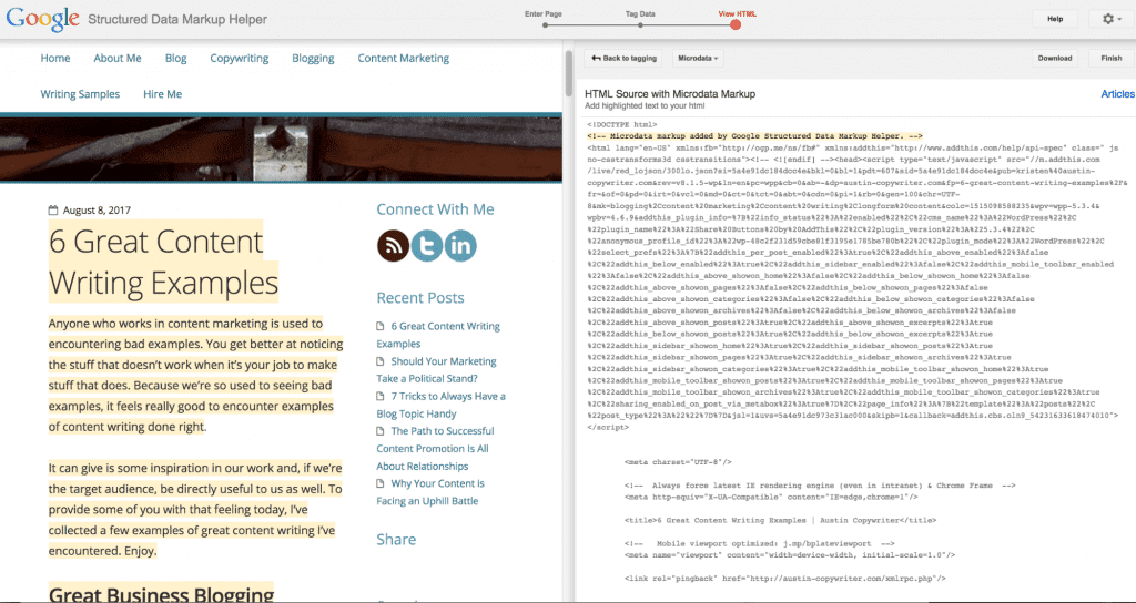 markup selected text on website using google schema generator