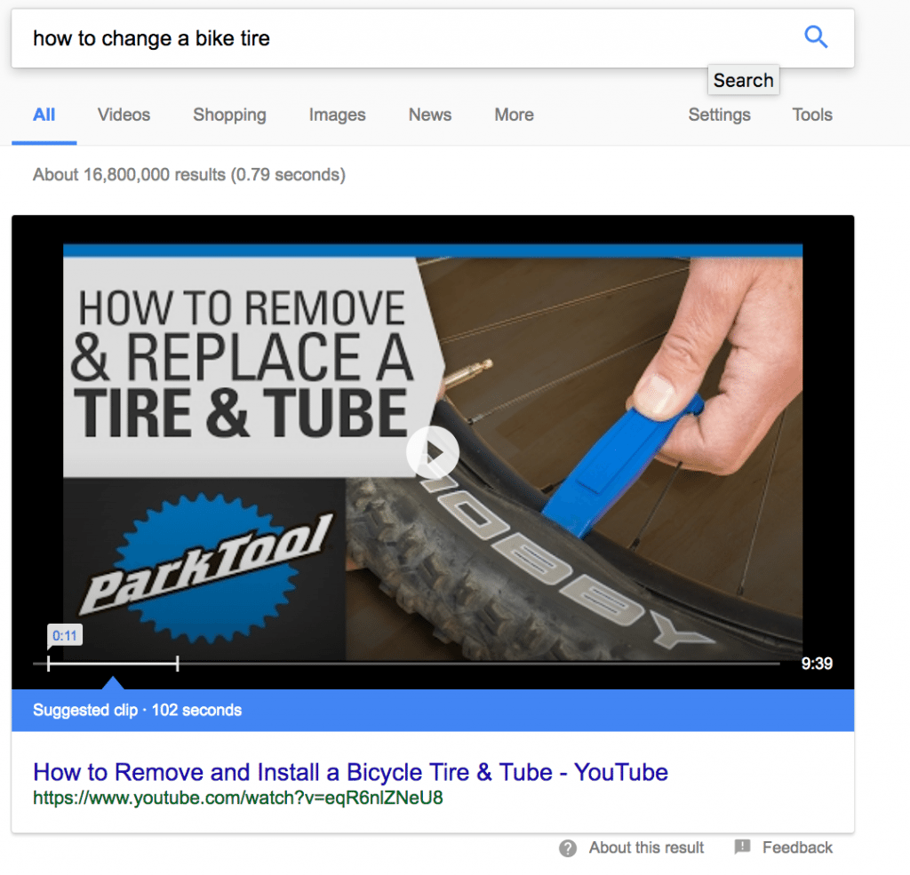 example of video rich result from YouTube for how to change a bike tire
