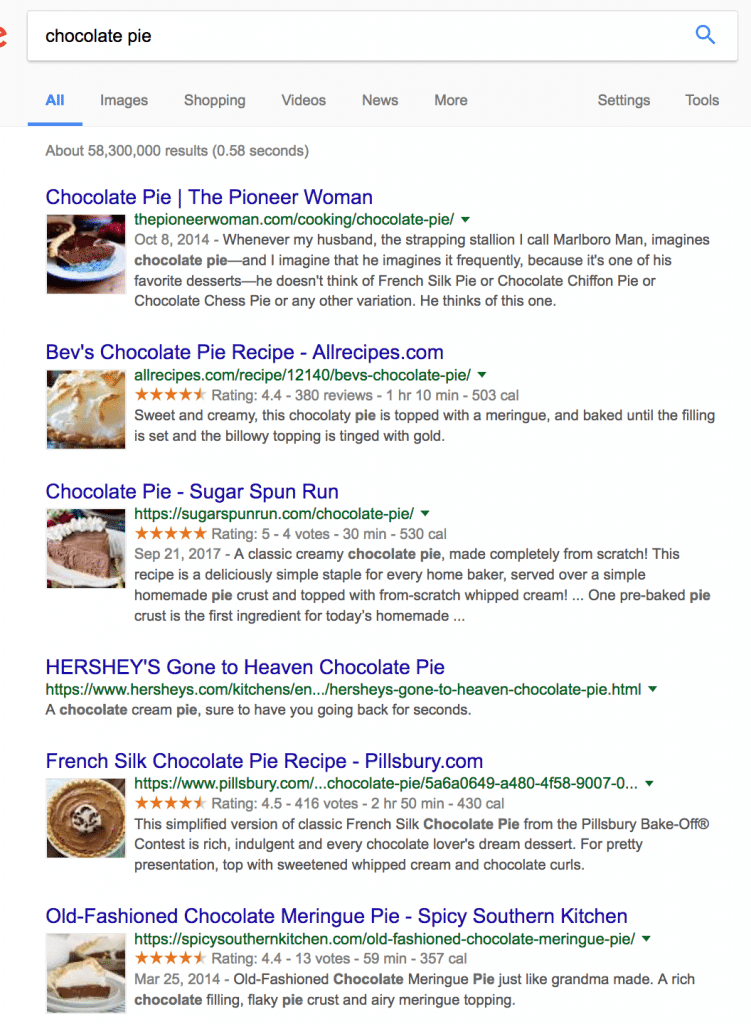 examples of rich snippet results for chocolate pie recipes