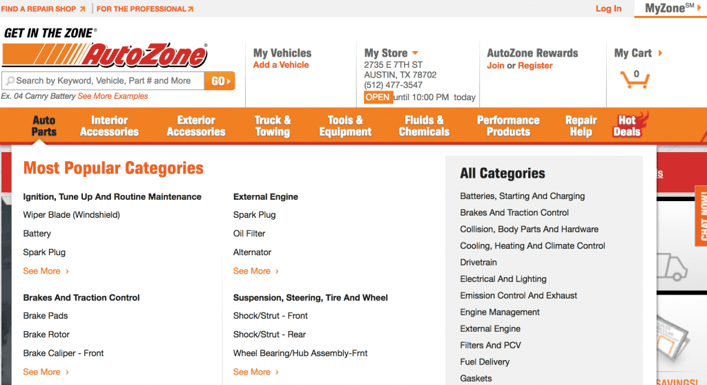 autozone top navigation with more product categories underneath