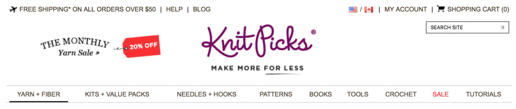top navigation with product categories on knitpicks