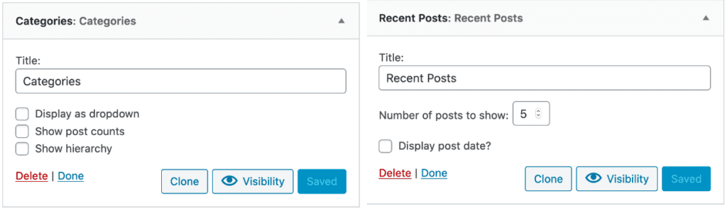 examples of categories and recent posts widgets in wordpress